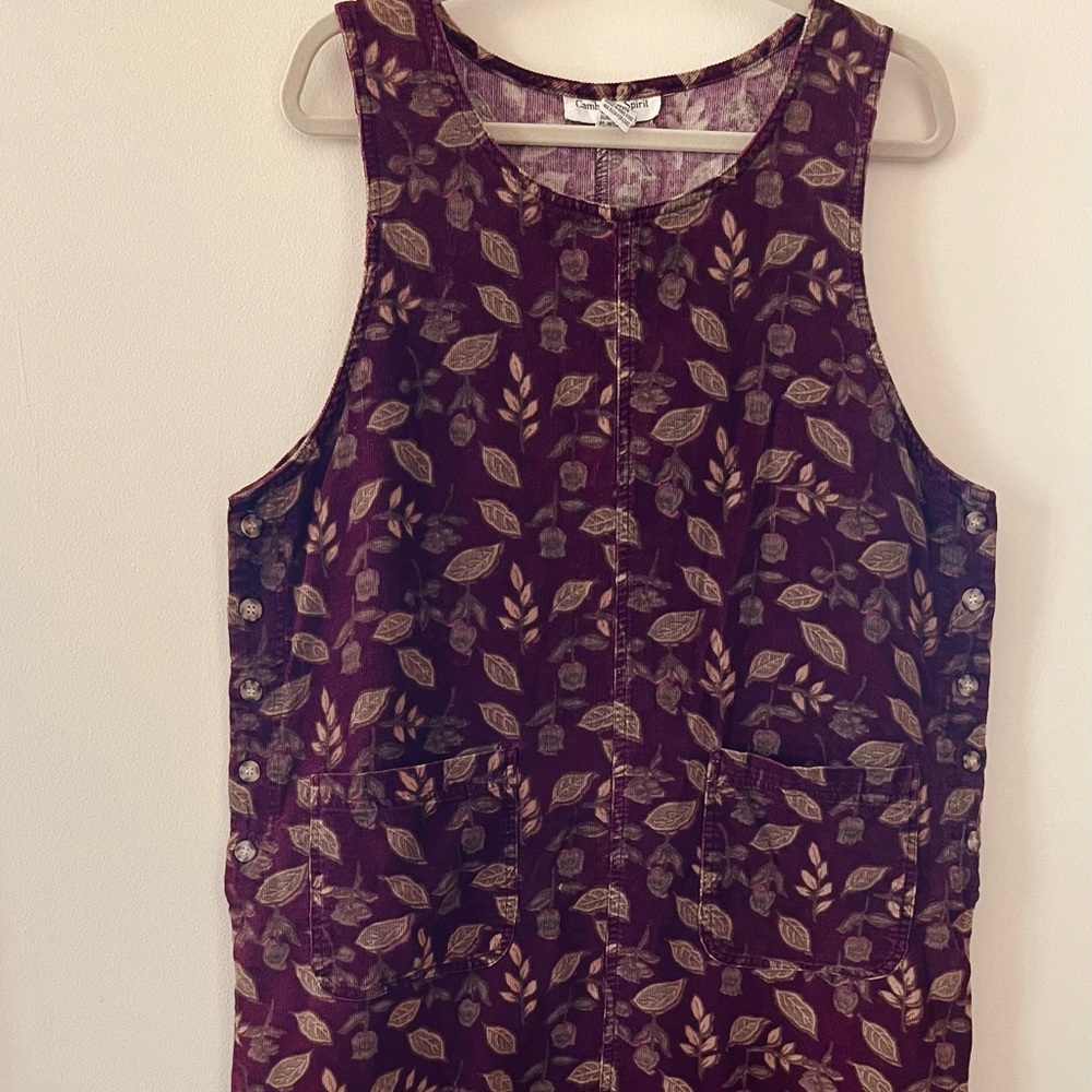 Vintage Corduroy Jumper Dress 14 P Burgundy with Autumn Leaf Print.